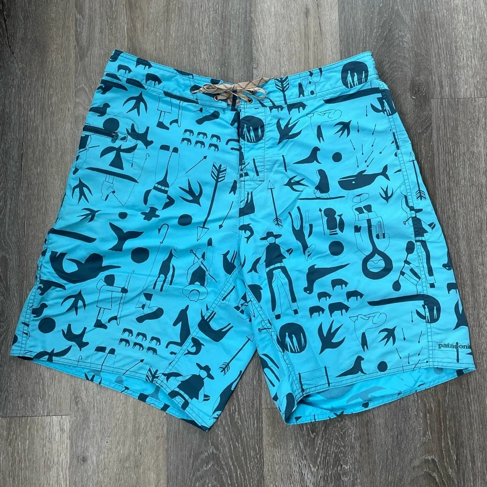 Patagonia Men’s Blue Patterned Wavefarer Swim Board Shorts - Picture 1 of 7